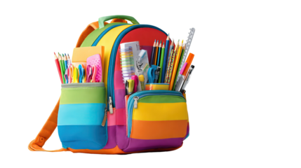 Colorful school backpack with stationery items spilling out on transparent background