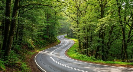Fototapeta premium Winding Forest Road Through Lush Green Trees On A Sunny Day