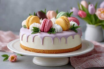 Cake with macarons and meringues on a plate