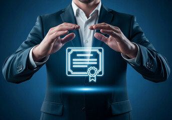 Businessman holding a glowing certificate icon, representing achievement, success, and recognition in business
