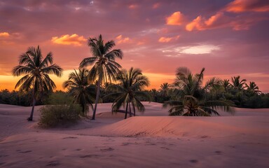 Fototapeta premium Tropical sunset landscape with palm trees and dunes under colorful sky