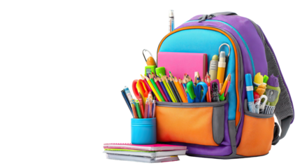 Colorful school backpack with stationery items spilling out on transparent background