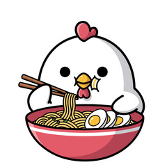 Adorable cartoon chicken character happily eating a delicious bowl of ramen noodles with chopsticks and boiled eggs, high quality illustration
