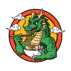 Illustrative Mascot of a Muscular Green Dragon Enjoying a Bowl of Delicious Ramen Noodles with Chopsticks, Embracing Asian Culinary Culture