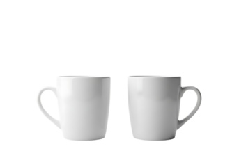 Two white ceramic mugs side by side, isolated on transparent background, perfect for coffee or tea