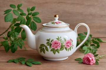 Porcelain teapot with pink roses and green leaves