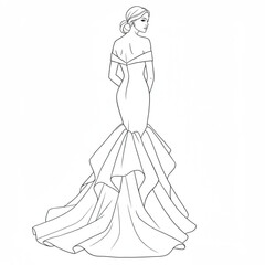 Elegant off-shoulder mermaid gown line art illustration for fashion design inspiration, bridal event invitations, wedding advertisements, and stylish 