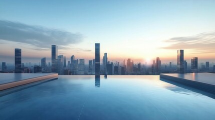 Rooftop Pool with City Skyline at Sunset