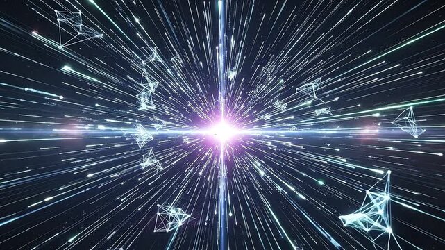 Luminous central point emits light streaks with scattered glowing geometric wireframes in a dark void