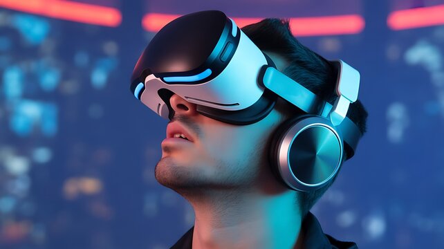 Young man immersing in virtual reality world with VR headset and headphones