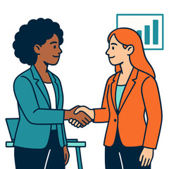 Fototapeta premium Two women shaking hands in a business setting. The woman on the left is wearing a blue jacket. Vector.