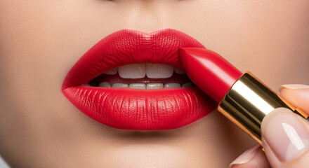 Red lipstick makeup tutorial applying bright red color on lips for beauty and fashion blog content