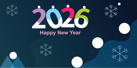 Happy New Year 2026 celebration design with snowflakes and winter background. Modern festive vector banner for holiday greeting, event, and digital promotion. Vector Illustration.