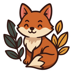 Obraz premium A cartoon fox is sitting on a leafy green plant. The fox is smiling and he is happy. Vector.