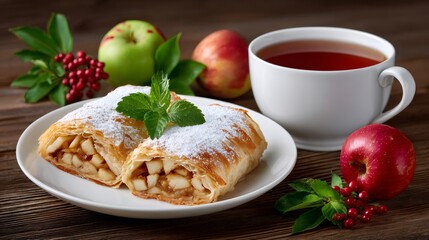Apple strudel slices with powdered sugar and hot tea