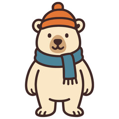 Fototapeta premium A cartoon bear wearing a red hat and a blue scarf. The bear is standing on a white background. Vector.