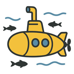 Obraz premium A yellow submarine is in the water with fish swimming around it. The fish are in various sizes and are scattered throughout the scene. Vector.