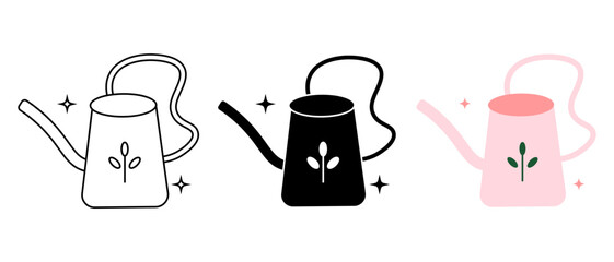 Watering Can Icon Set — Outline, Solid, and Flat Vector Styles for Gardening and Plant Care