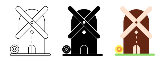 Windmill Icon Set in Line, Solid, and Flat Style Editable Stroke Vector Illustration