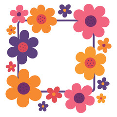 A colorful flower arrangement with a white frame. The flowers are of various colors and sizes. Scene is cheerful and uplifting. Vector.