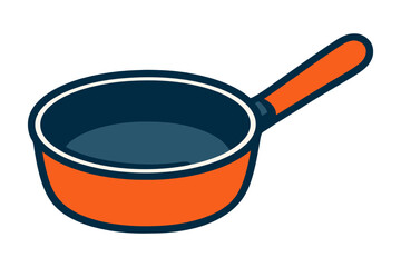 A cartoonish orange pan with a blue handle sits on a white background. The pan is empty and has a blue rim. Vector.