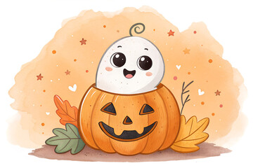 Adorable watercolor Halloween illustration of a cute white ghost popping out of a smiling carved pumpkin. The playful design features warm orange tones and a textured watercolor effect, perfect for fe