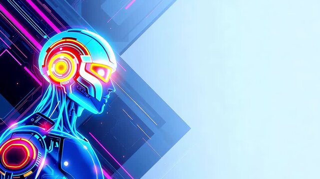 Modern iron glowing robot with neon light on blue abstract technology background. Banner design with the concept of smart tech, engineering innovation, futuristic cyborg