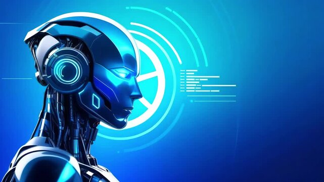 Modern iron glowing robot with neon light on blue abstract technology background. Banner design with the concept of smart tech, engineering innovation, futuristic cyborg