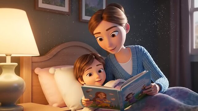 A mother reads a bedtime story to her child in a cozy bedroom setting.