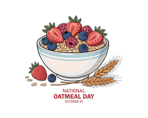 National Oatmeal Day vector. Bowl of oatmeal with berries icon vector. Healthy cereal breakfast with fruits icon vector. Oat flakes breakfast design element. October 29.