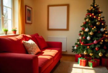 Cozy living room with red sofa, blank wall frame, and festive Christmas tree