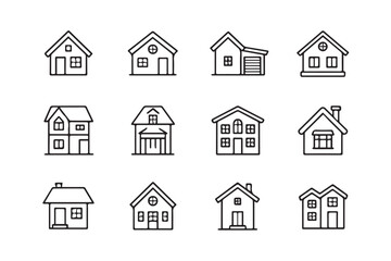 minimalist house icon collection variations roof porch garage chimney windows line art for ui and presentation