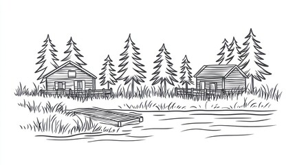 Fototapeta premium Lakeside cabins in forest, with bridge, trees, and landscape, ideal for vacation or travel themes