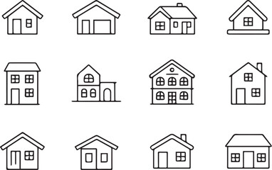 blue linear house icons set showing diverse residential styles modern and traditional for real estate and architecture