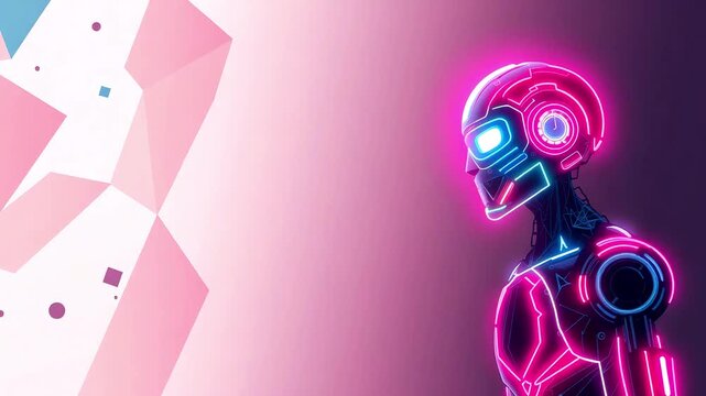Modern iron glowing robot with neon light on pink abstract technology background. Banner design with the concept of smart tech, engineering innovation, futuristic cyborg