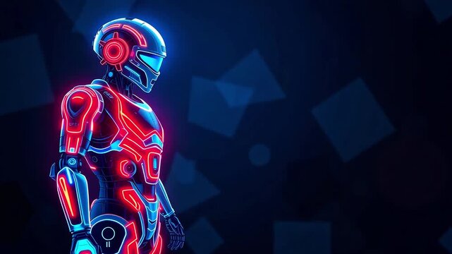 Modern iron glowing robot with neon light on dark abstract technology background. Banner design with the concept of smart tech, engineering innovation, futuristic cyborg