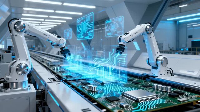 Sophisticated industrial robotic systems manipulate advanced circuit board interface with holographic digital projection, showcasing cutting-edge automated production technology.