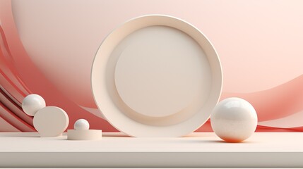 Fototapeta premium Minimalist Beige Circular Display Stand with Spherical Decor Elements in Soft Pink Background
