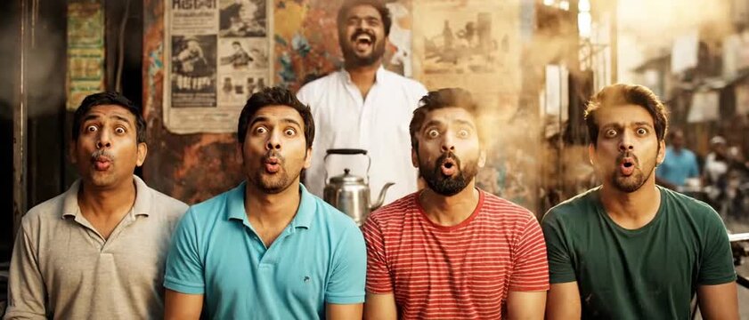 Ultra-detailed outdoor Indian tea stall scene | Narrow street with small chaiwala stall, steam rising from kettle | Four Indian friends sitting on wooden bench holding cutting chai glasses | One frien