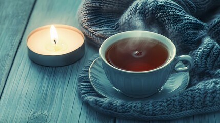 Cozy winter vibes tea cup, candle and a warm wool scarf on a wooden table