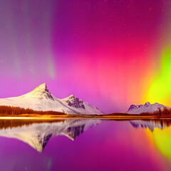 Clear blue-green aurora stretching above pine forests and snowy mountains during a quiet night.