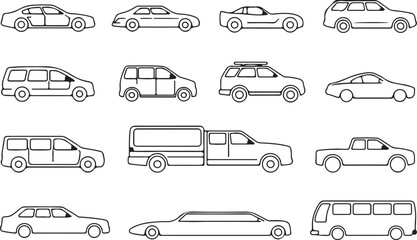 car and vehicle line icons set side profile sedan suv van truck bus vector illustrations © AIcon Star
