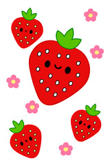 Cute flat design strawberry illustration with pink flowers on white background
