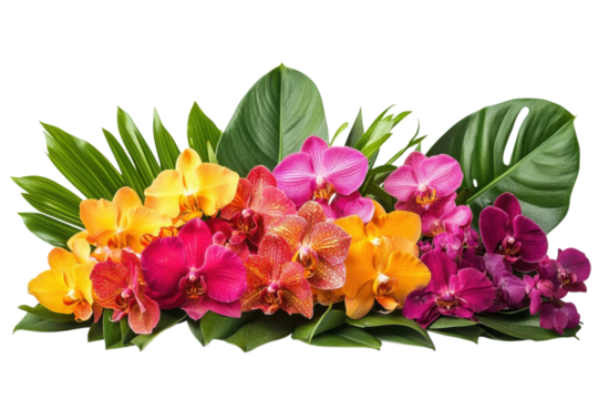 Vibrant orchids in shades of pink yellow and orange with lush green leaves against a on transparent background