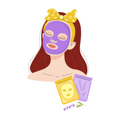 Vector illustration of a woman with a purple lavender face mask and yellow hairband. Spa aesthetic. Perfect for tag, cosmetics brand, wellness design, print, poster
