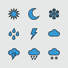 Obraz premium simple weather icons vector rounded squares flat ui set sun moon cloud rain thunder snow illustration