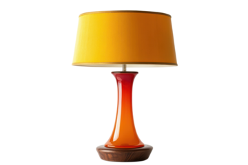 Modern table lamp with a yellow lampshade and orange gradient base on a dark wooden stand design style on transparent background