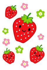 Cute cartoon strawberry and flower vector illustration on white background