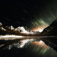 Soft green aurora waves glow over still lake waters and winter mountains at night.