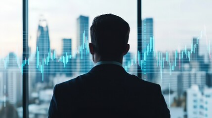 A businessman stands by a window, overlooking a city skyline with digital graph overlays, symbolizing finance and data analysis.